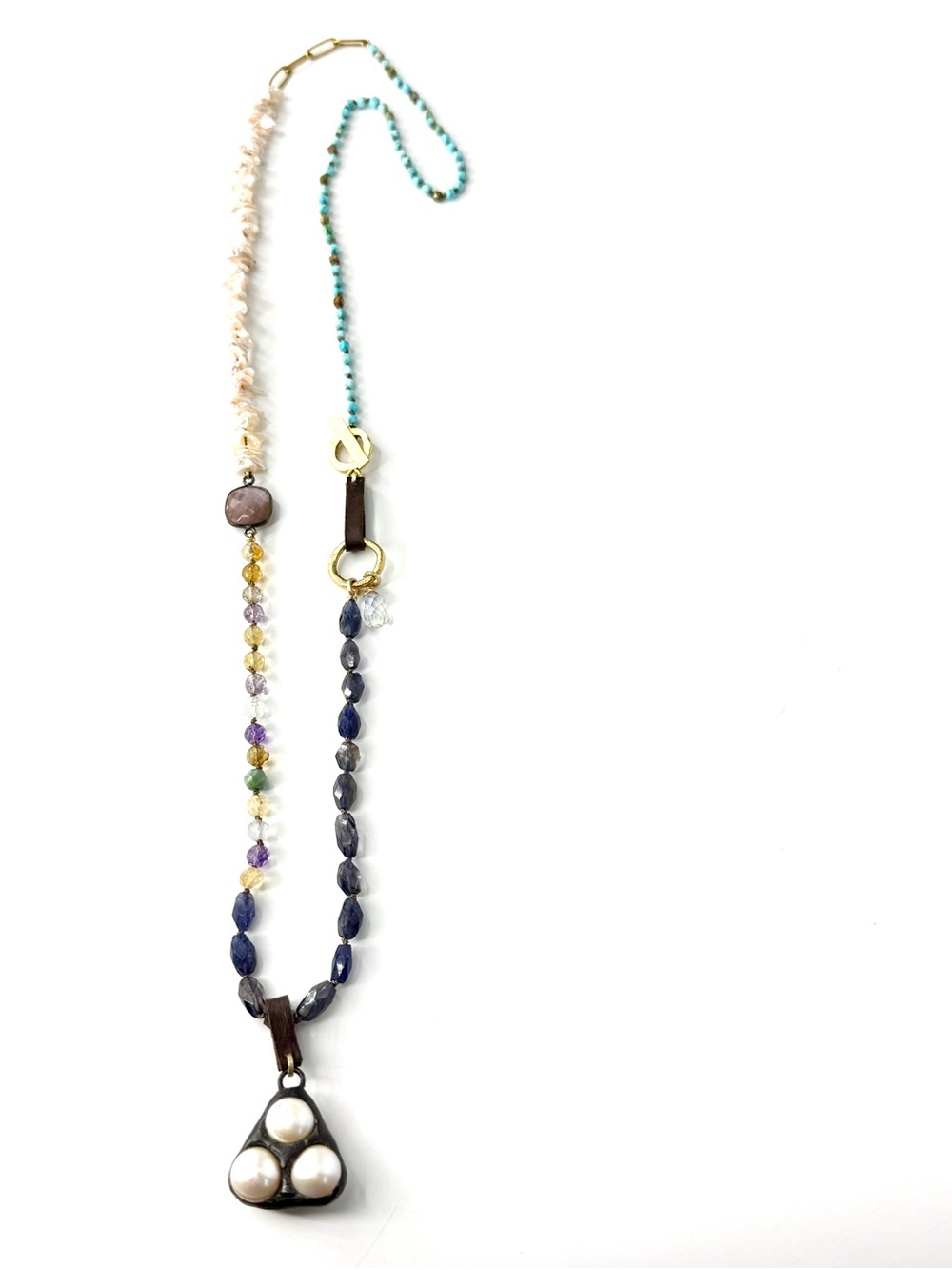 Long Multicolored Knotted Artisan Boho Necklace, Hand Soldered Pearl Pendant